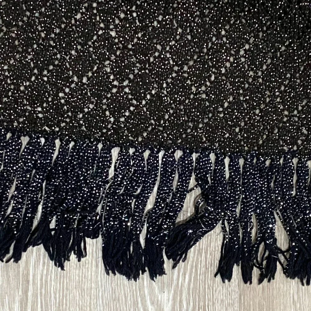 Handknit Wool Bl Lace Diamond Lurex Fringe Whimsigoth Fairy Bohemian Shawl Scarf